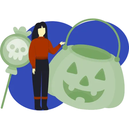 Girl telling about halloween pumpkin  Illustration