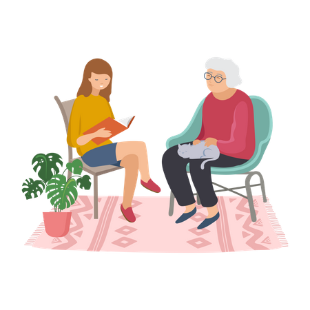 Girl telling story to her grandmother Illustration