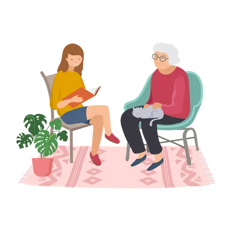 Girl telling story to her grandmother Illustration