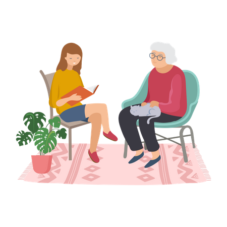 Girl telling story to her grandmother  Illustration