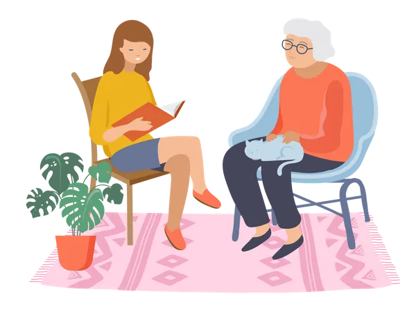 Girl telling story to her grandmother  Illustration