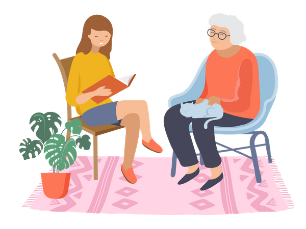 Girl telling story to her grandmother  イラスト