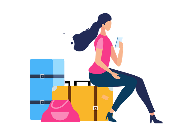 Girl texting on mobile while sitting on bag  Illustration