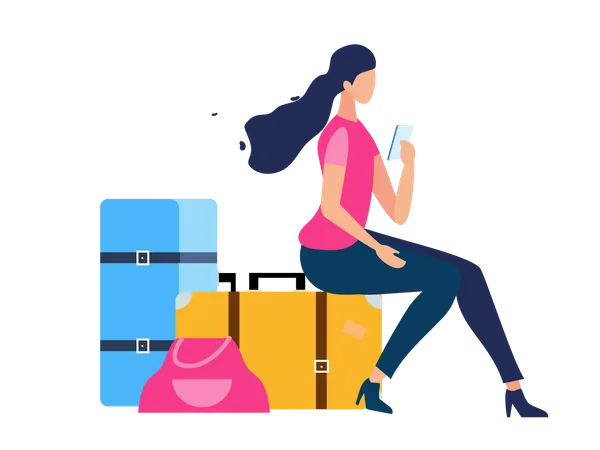 Girl texting on mobile while sitting on bag  Illustration