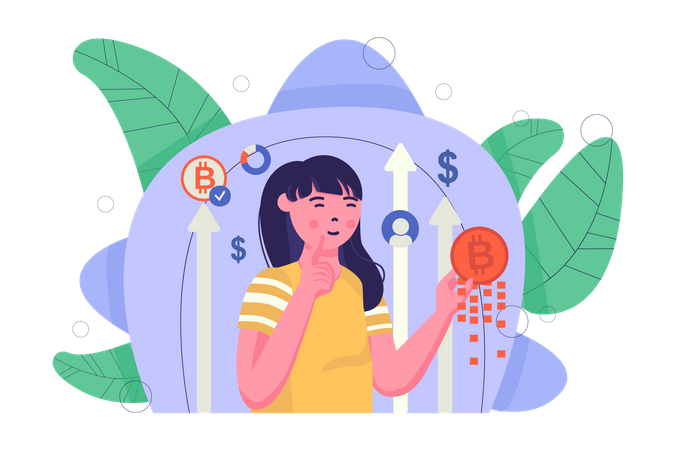 Girl thinking about bitcoin investment  Illustration
