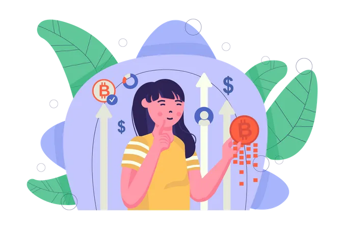 Girl thinking about bitcoin investment  Illustration