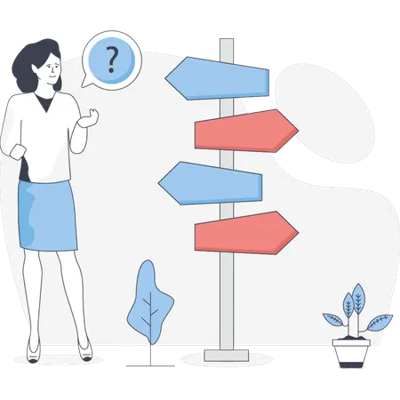 Girl Thinking About Direction Board  Illustration