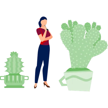 Girl thinking about fer cactus plant  Illustration