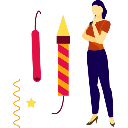 Girl thinking about fireworks cracker  Illustration