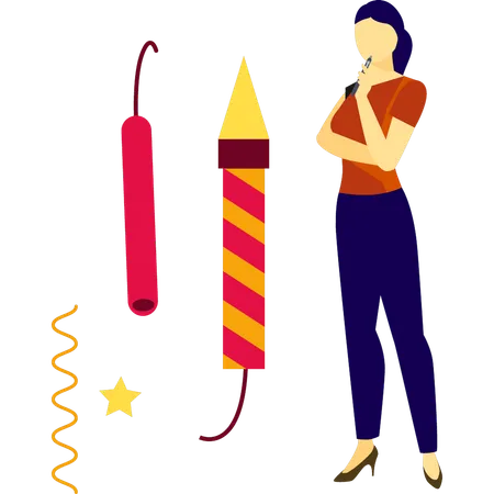 Girl thinking about fireworks cracker  Illustration