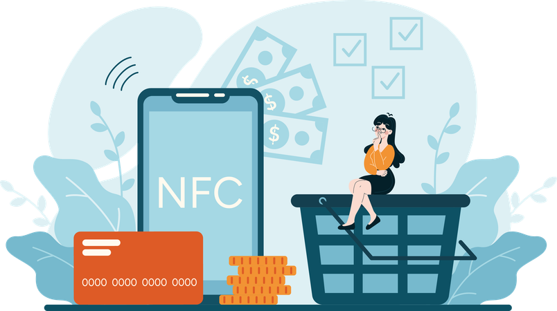 Girl thinking about nfc payment  Illustration