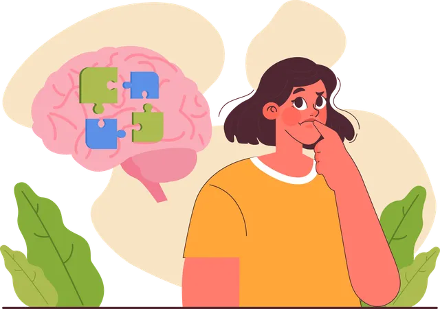 Girl thinking about solving jigsaw problem  Illustration