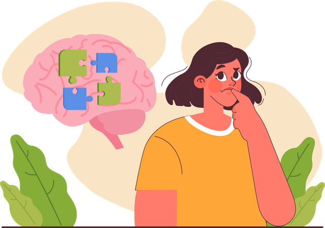 Girl thinking about solving jigsaw problem  Illustration