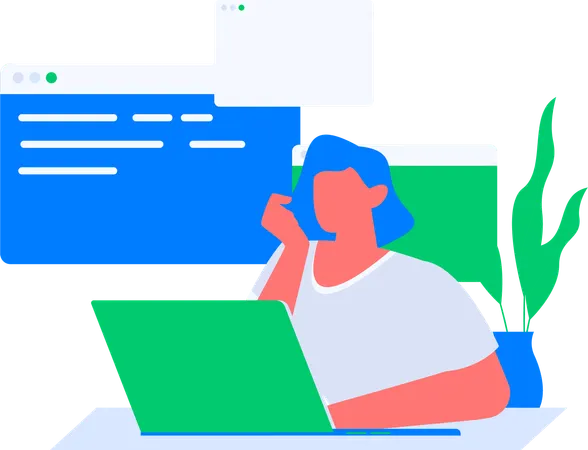 Girl thinking about web coding  Illustration