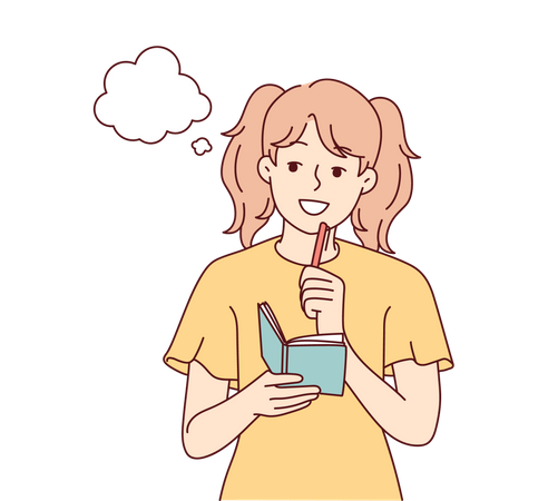 Girl thinking and noting thoughts in diary  イラスト