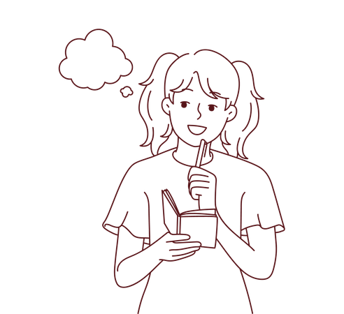 Girl thinking and noting thoughts in diary  Illustration