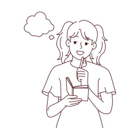 Girl thinking and noting thoughts in diary  Illustration