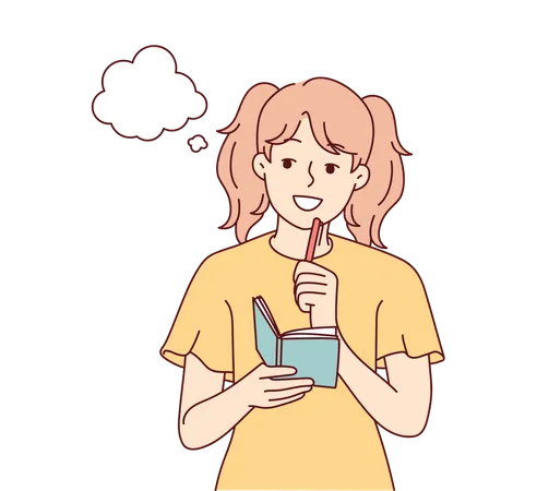 Girl thinking and noting thoughts in diary  Illustration