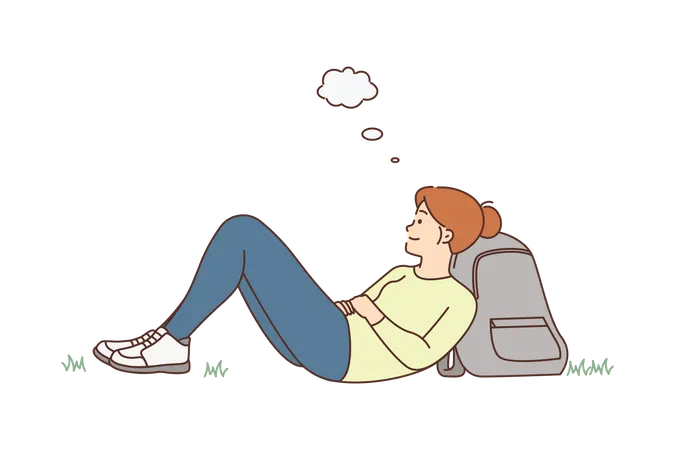 Girl thinking and sleeping on backpack  Illustration