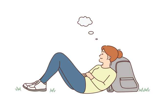 Girl thinking and sleeping on backpack  Illustration