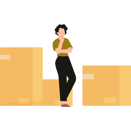 Girl thinks about transporting cardboard boxes  Illustration