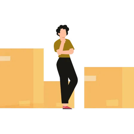 Girl thinks about transporting cardboard boxes  Illustration