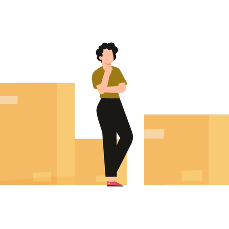 Girl thinks about transporting cardboard boxes  Illustration