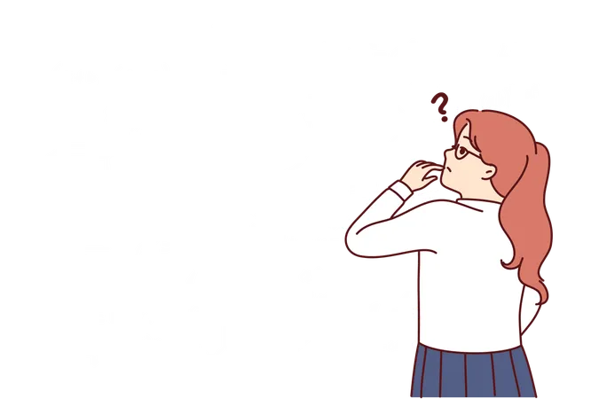 Little Girl Stands Near School Chalk Board With Formulas And Tries To Solve Difficult Problem Child Prodigy Student In Elementary School Thought About Solving Theorem From Higher Mathematics イラスト