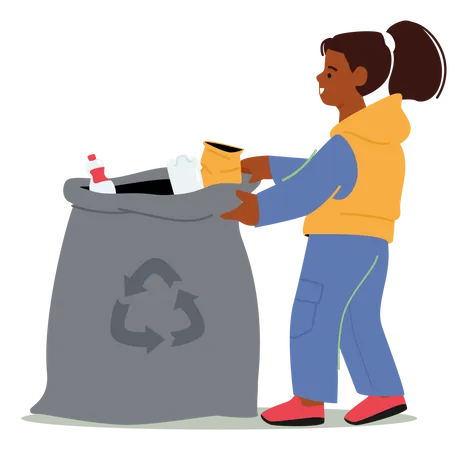 Girl Throw Garbage Into Sack  Illustration