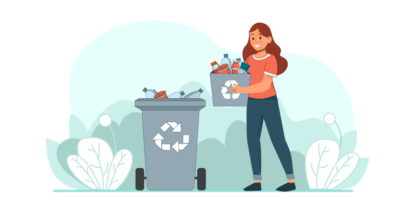 Girl throwing garbage in recycle bin  Illustration