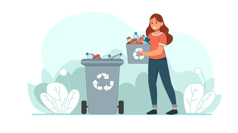 Girl throwing garbage in recycle bin  Illustration