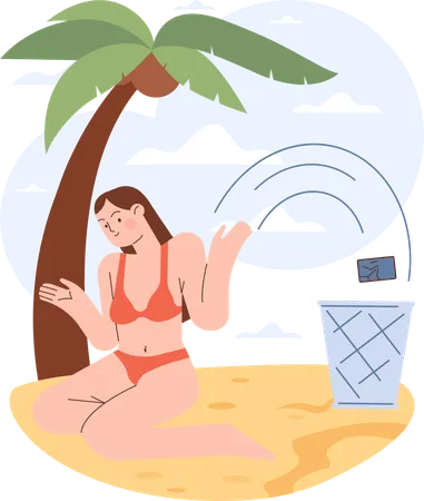 Girl throwing mobile  in dust bin at beach  Illustration