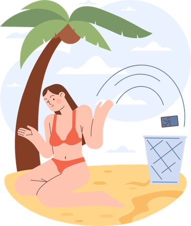 Girl throwing mobile  in dust bin at beach  Illustration