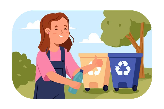 Girl throwing plastic bottle in dustbin Illustration