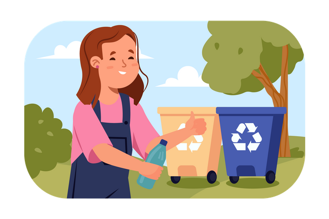 Girl throwing plastic bottle in dustbin  Illustration