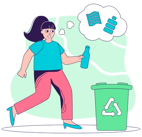 Girl throwing plastic bottle in trash Illustration