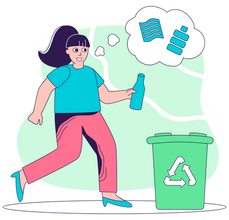 Girl throwing plastic bottle in trash  Illustration