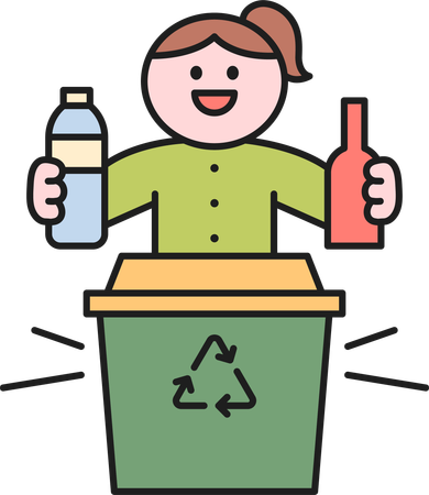 Girl throwing plastic bottles in garbage bin  Illustration