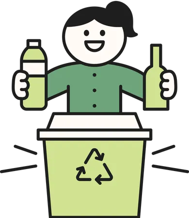 Girl throwing plastic bottles in garbage bin  Illustration