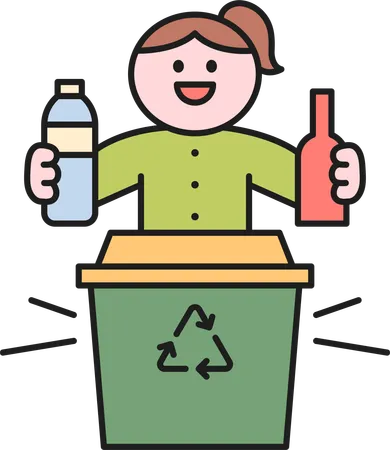 Girl throwing plastic bottles in garbage bin  Illustration