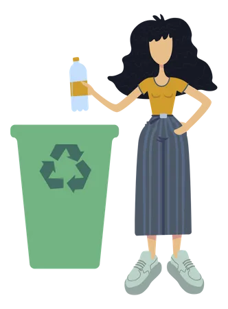 Girl throwing plastic into recycle bin  Illustration