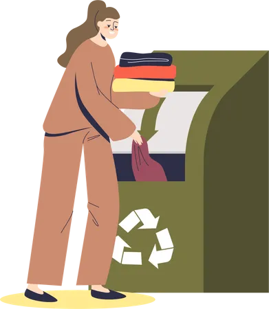 Girl throwing used clothes in container for recycling  Illustration