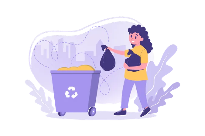 Girl throwing waste in recycle bin  Illustration