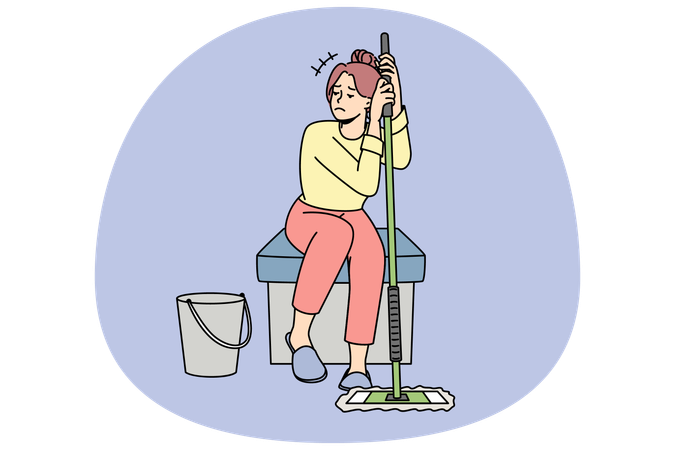 Girl tired after cleaning floor  Illustration