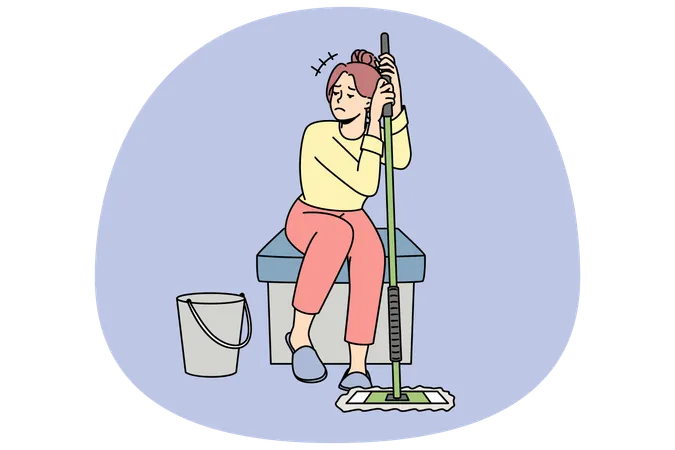 Girl tired after cleaning floor  Illustration