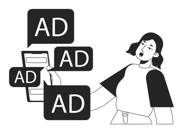 Digital Ads Overload Black And White Concept Vector Spot Illustration Editable Monochrome Cartoon Character For Web Design Infoxication On Internet Line Art Idea For Website Myriad Pro Font Used Illustration