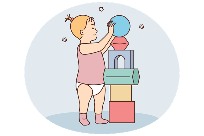 Girl toddler play with colorful blocks  Illustration