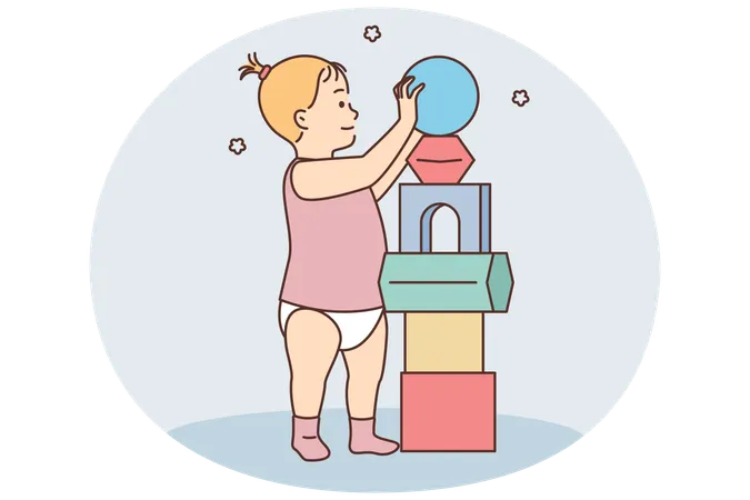 Girl toddler play with colorful blocks  Illustration
