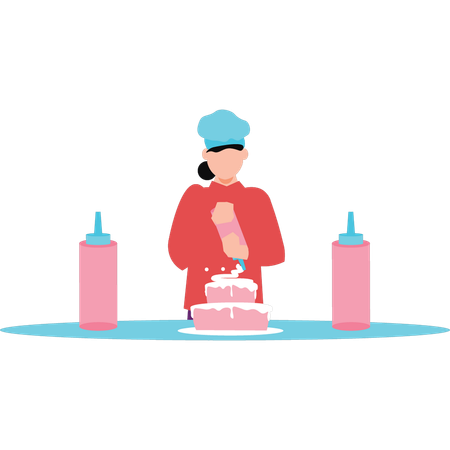 Girl topping cake with cream  Illustration