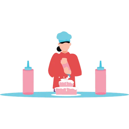 Girl topping cake with cream  Illustration